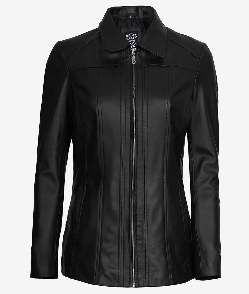 Womens Shirt Collar 3 4 Length Black Leather Coat