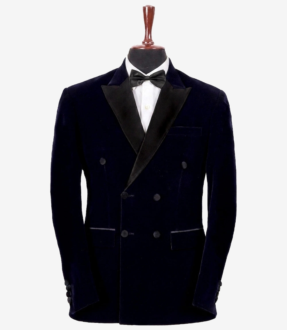 Mens Peak Lapel Double-Breasted Blue Velvet Tuxedo
