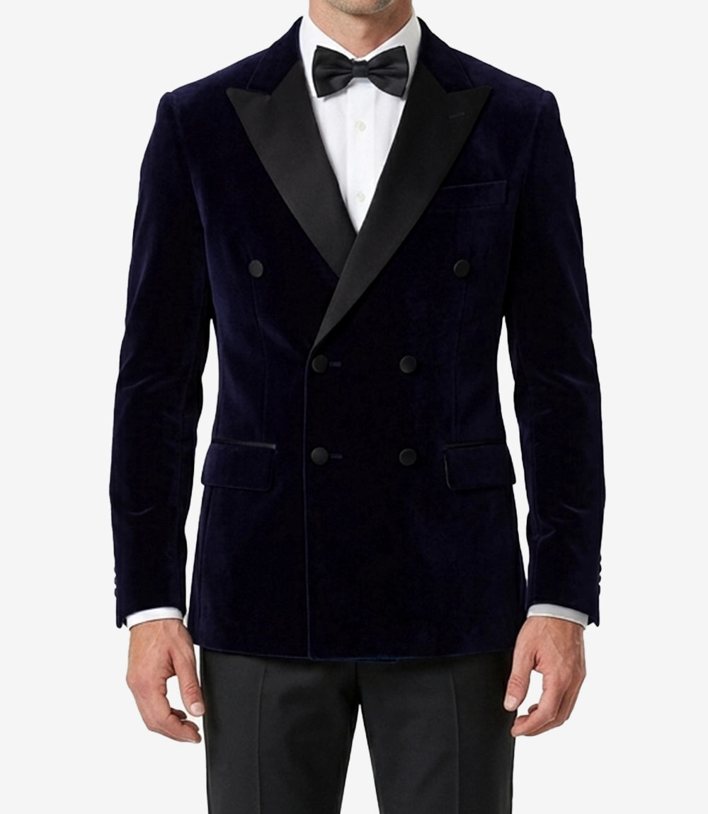 Mens Peak Lapel Double-Breasted Blue Velvet Tuxedo