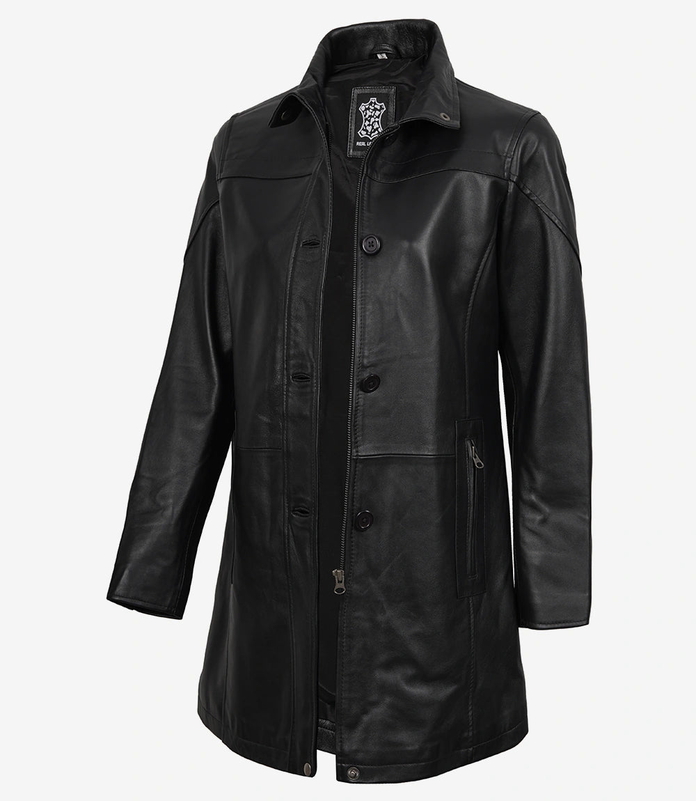 Bristol Womens Black Leather Car Coat - 3/4 Length