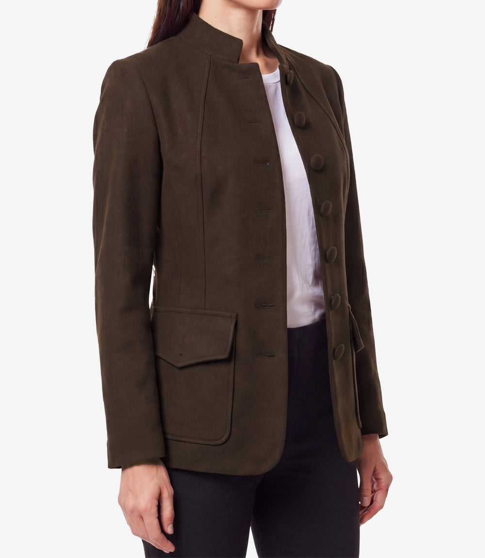 Women's Brown Wool Military Jacket – Mandarin Collar