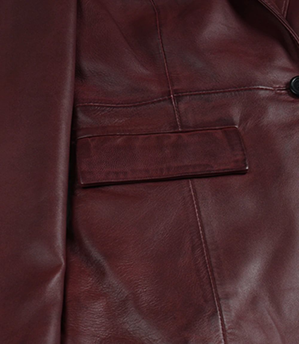 Women’s Single-Button Burgundy Waxed Lambskin Leather Blazer