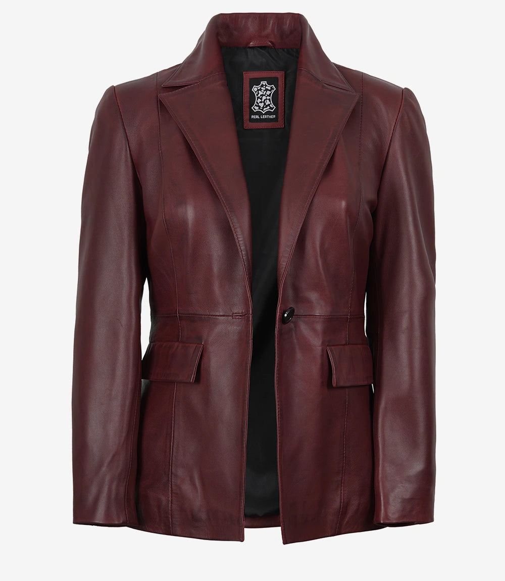 Women’s Single-Button Burgundy Waxed Lambskin Leather Blazer