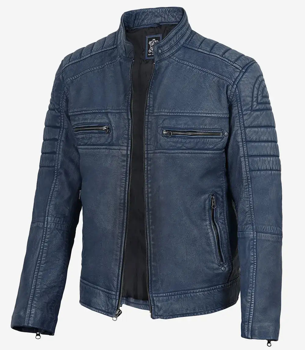 Men's Blue Washed Cafe Racer Leather Jacket