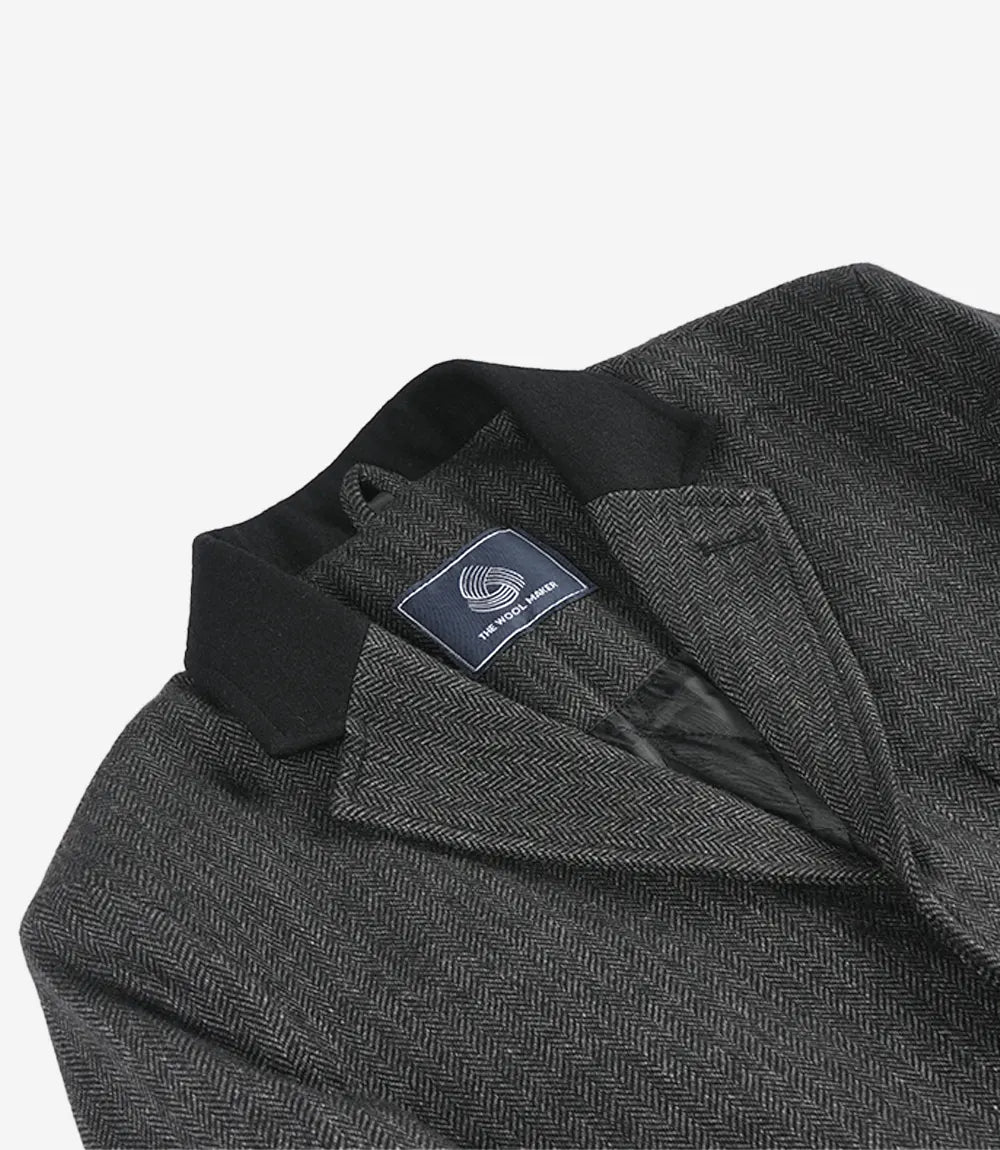 Grey Herringbone Wool Blend 3/4 Length Coat for Men