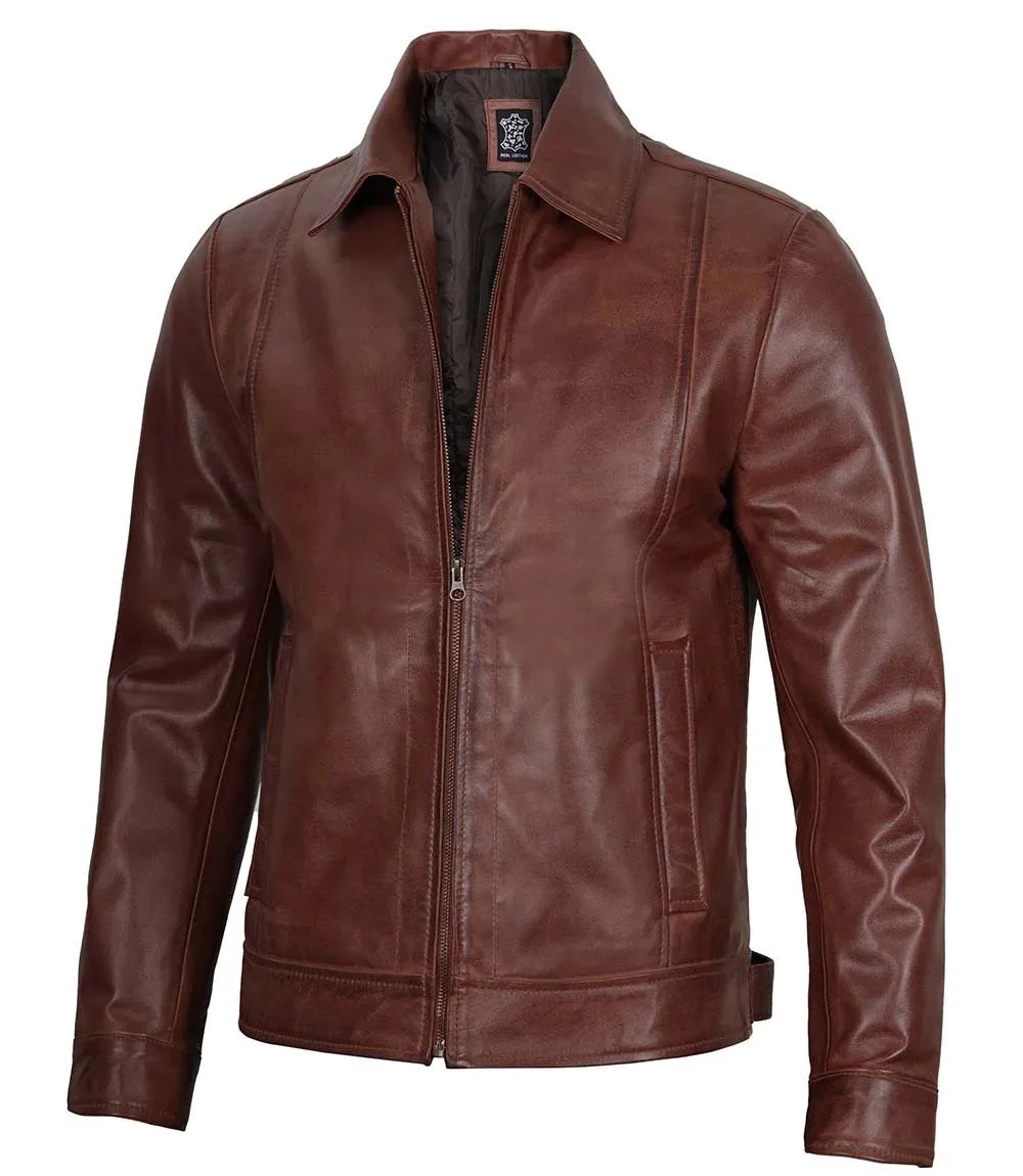Mens Tall Brown Shirt Collar Harrington Leather Jacket