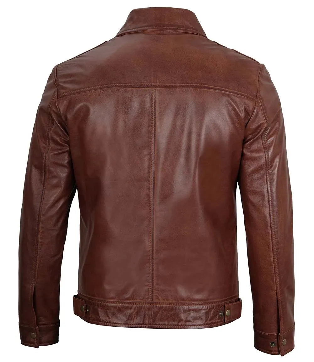 Mens Tall Brown Shirt Collar Harrington Leather Jacket