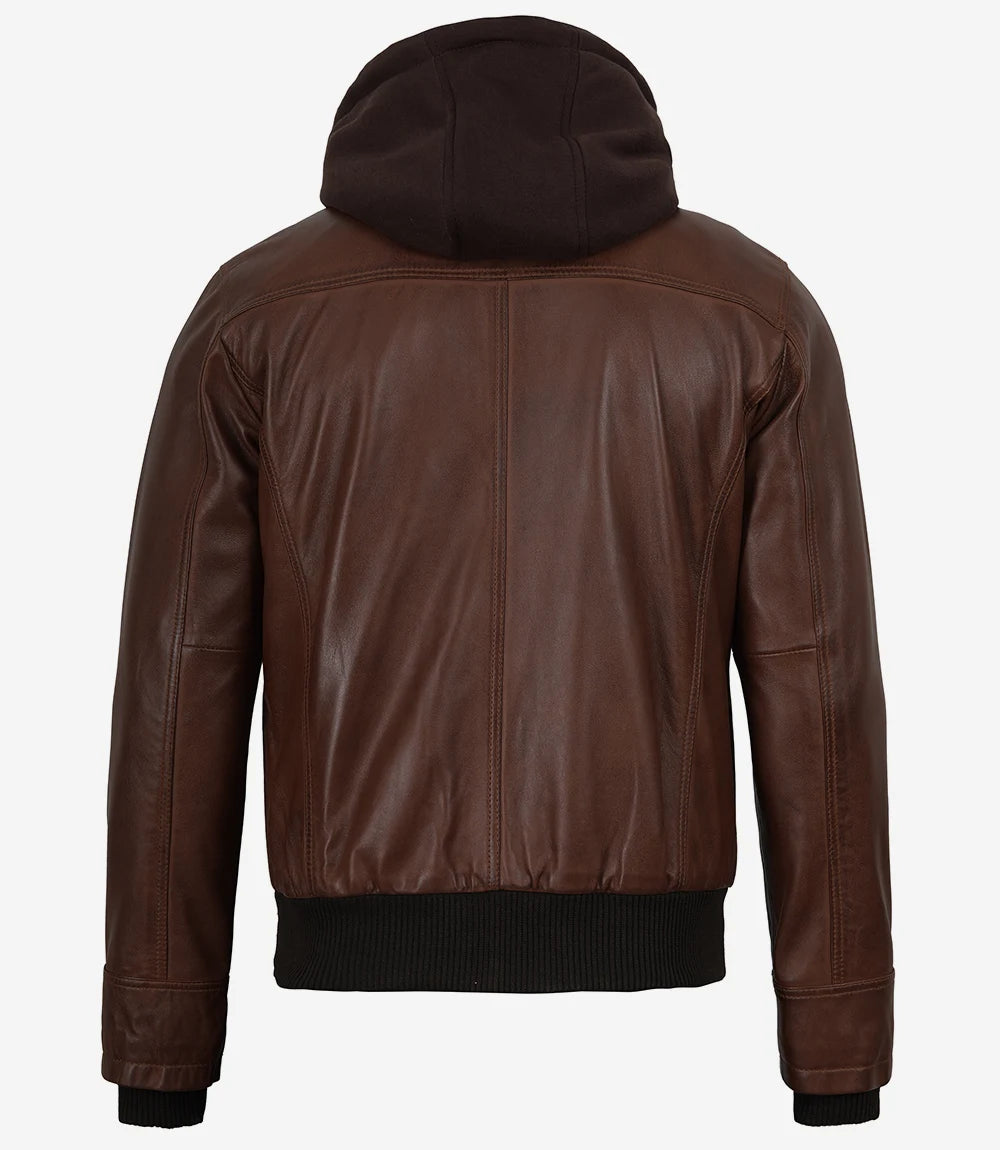 Mens Cognac Waxed Bomber Leather Jacket With Hood