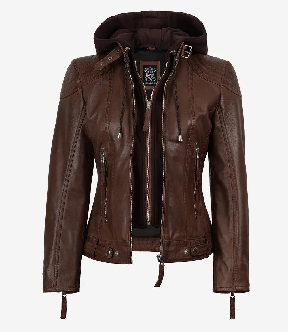 Women’s Cognac Brown Lambskin Hooded Leather Jacket (2-in-1 Style)