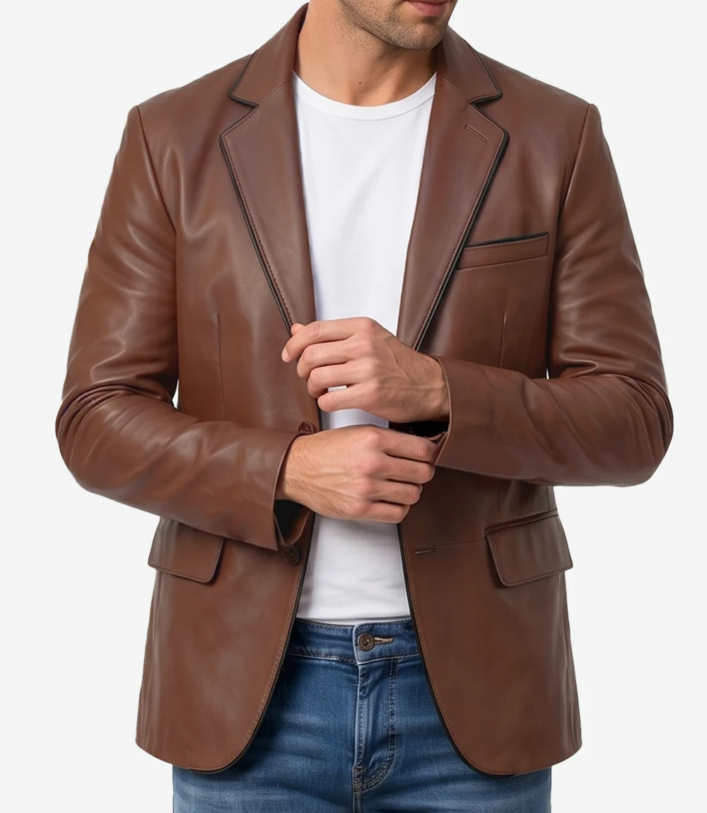 Men's 2 Button Cognac Leather Blazer - Black Piping Details