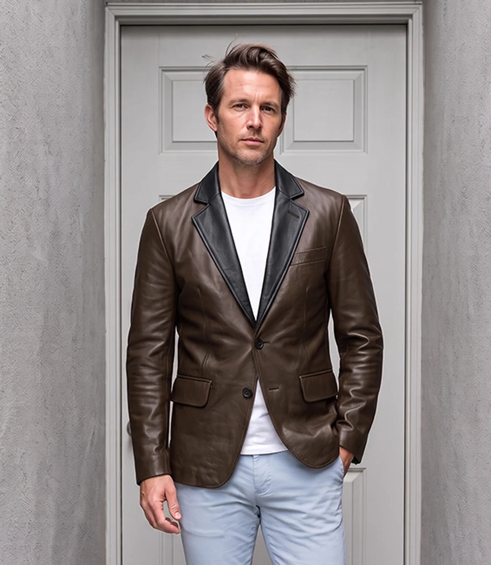 Men's Cognac Leather Blazer with Black Notch Lapel
