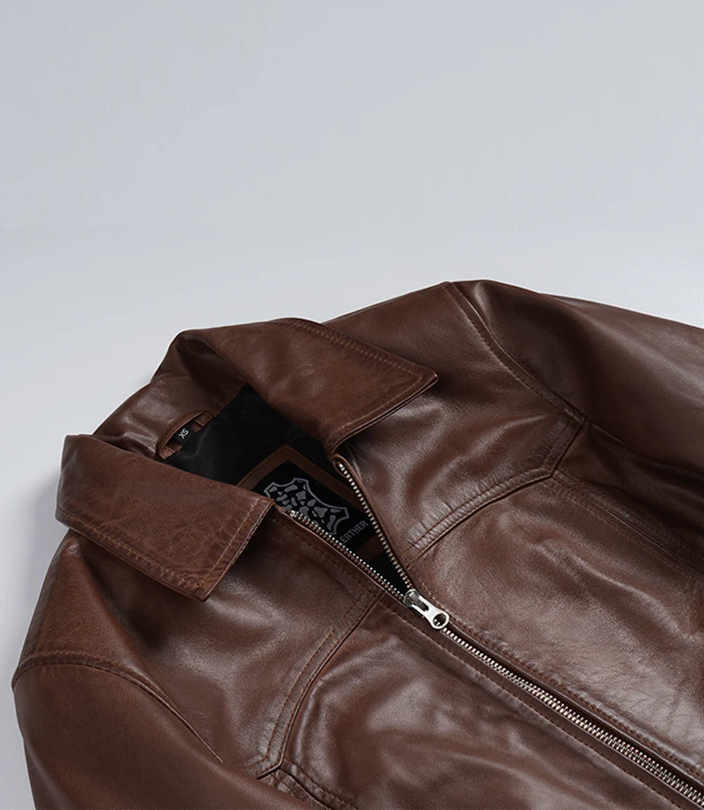 Women's Cognac Waxed Leather Bomber Jacket with Shirt Collar
