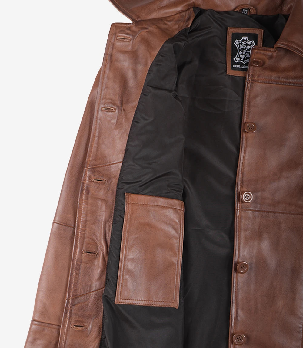 Women's Petite Brown Wax Real Leather Car Coat