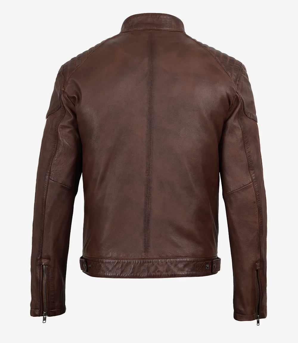 Men's Cognac Waxed Biker Style Jacket - Striped Sleeves - Cognac Waxed - view 4