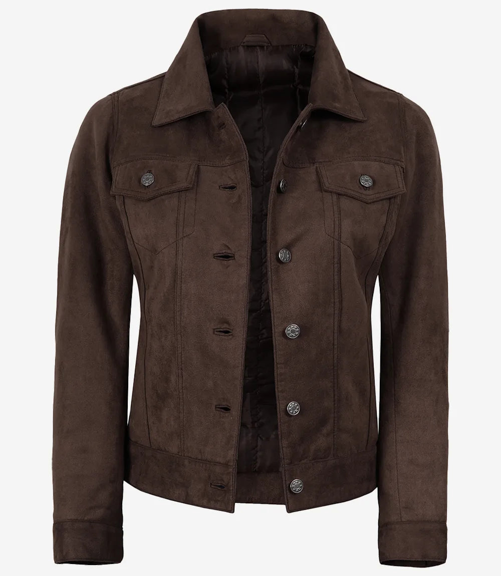 Womens' Dark Brown Faux Suede Trucker Jacket