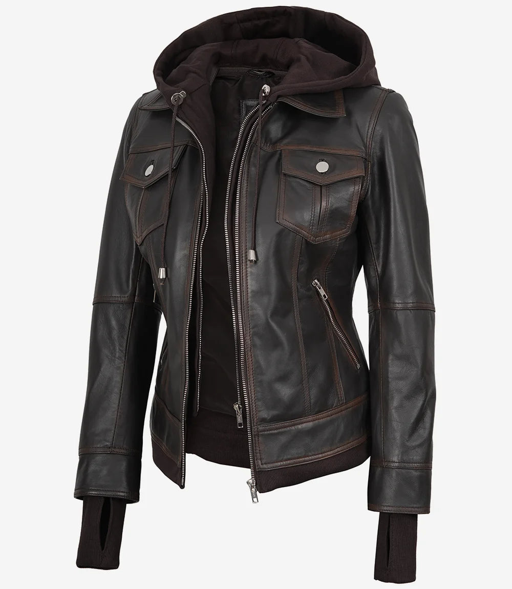Women's Distressed Brown Bomber Leather Jacket with Removable Hood