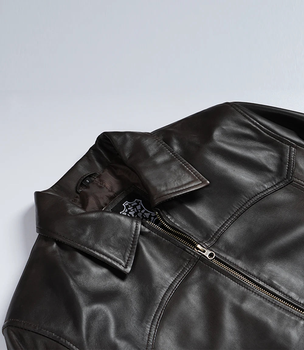 Men's Vintage Brown Leather Bomber Jacket with Shirt Collar