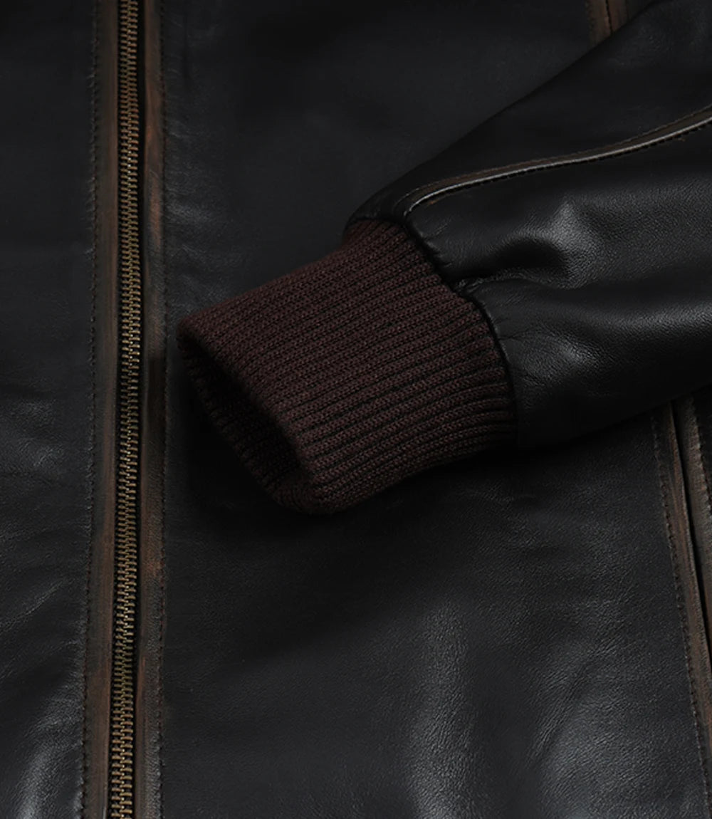 Men's Distressed Brown Leather Bomber Jacket with Shirt Collar