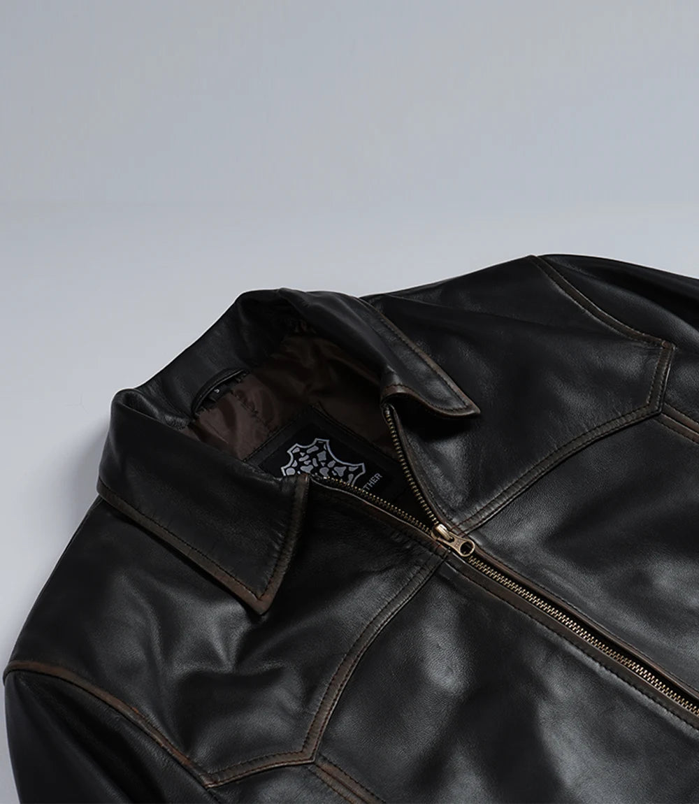 Men's Distressed Brown Leather Bomber Jacket with Shirt Collar