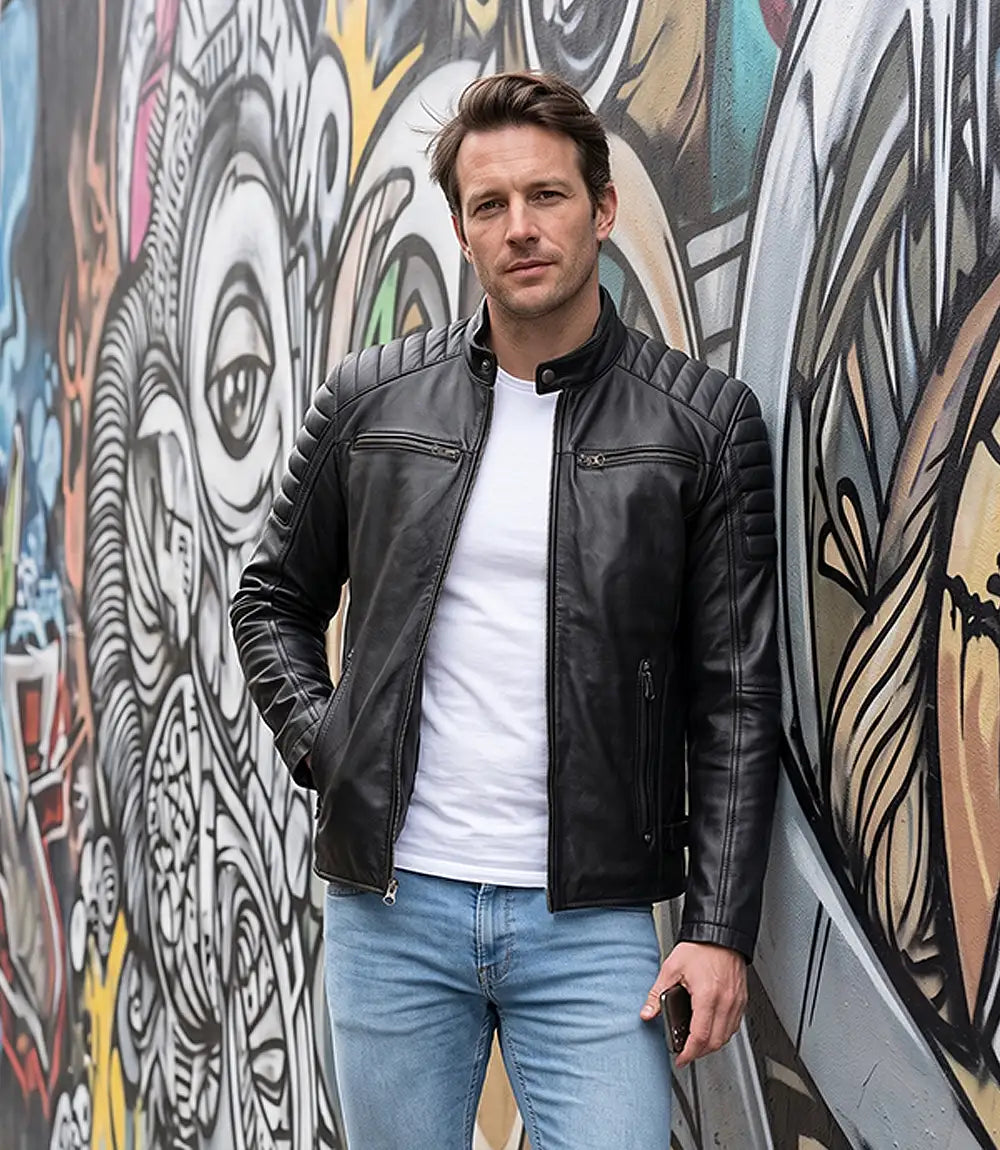 Men's Real Leather Black Biker Style Jacket
