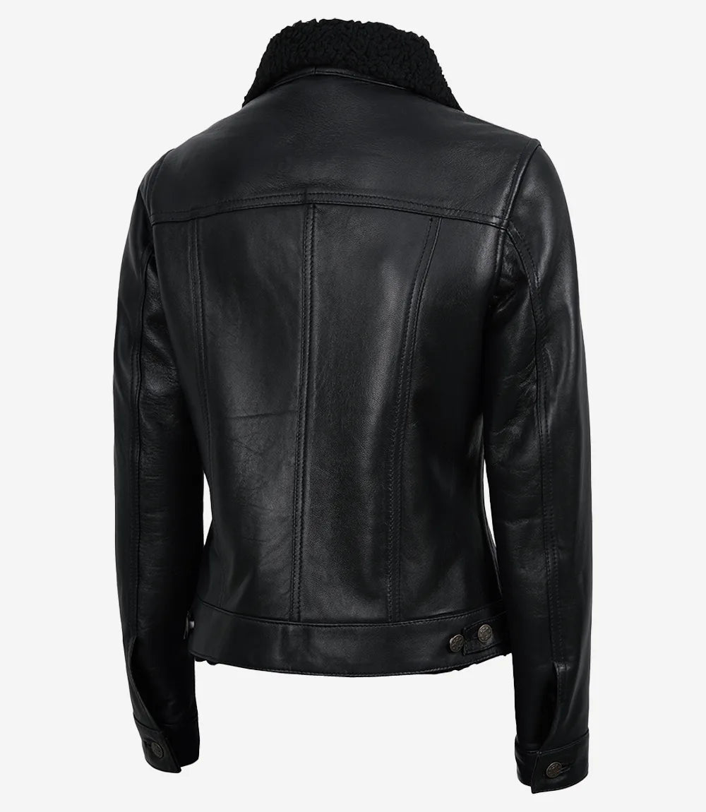 Women's Black Leather Trucker Jacket with Sherpa Lining