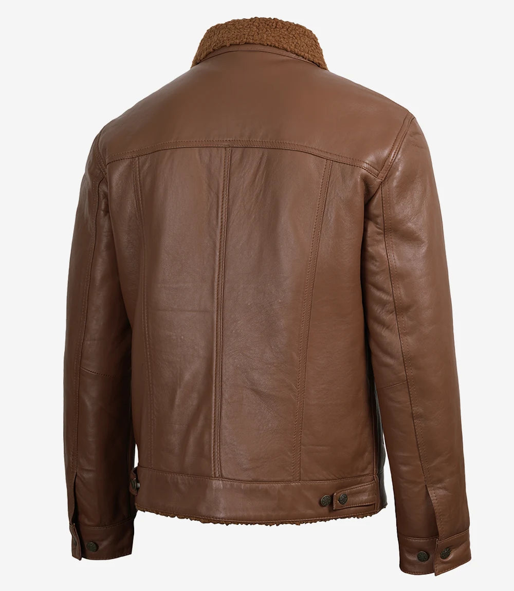 Men's Cognac Brown Real Lambskin Leather Trucker Jacket – Sherpa Lined