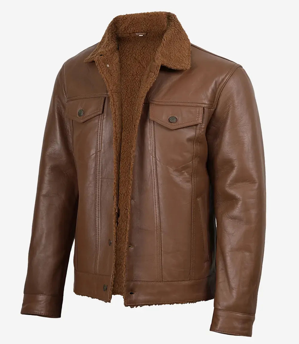 Men's Cognac Brown Real Lambskin Leather Trucker Jacket – Sherpa Lined