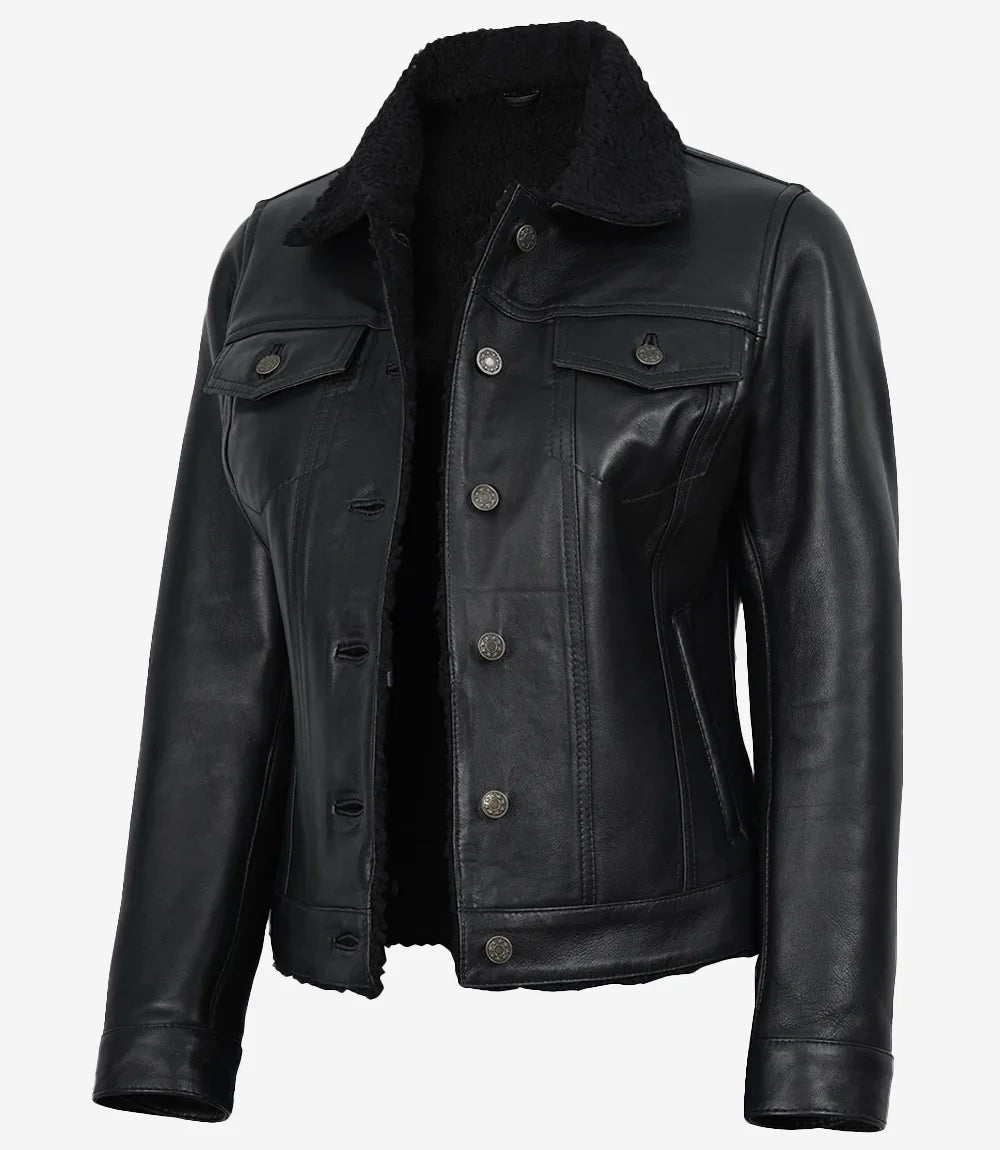 Women's Black Leather Trucker Jacket with Sherpa Lining