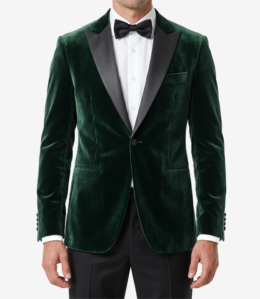 Lance Mens Green Velvet Single Button Tuxedo with Peak Lapel