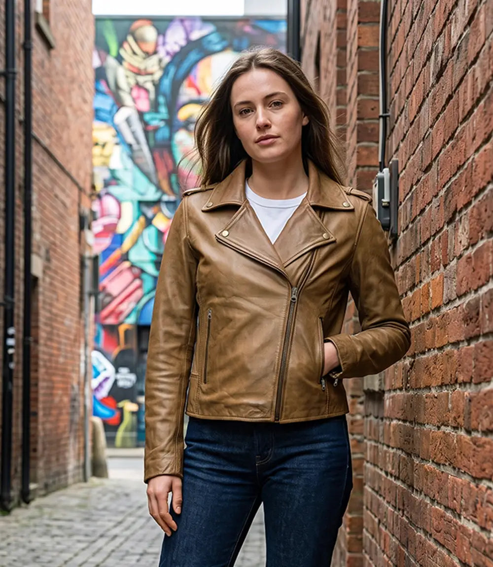 Women's Real Leather Camel Brown Biker Style Jacket