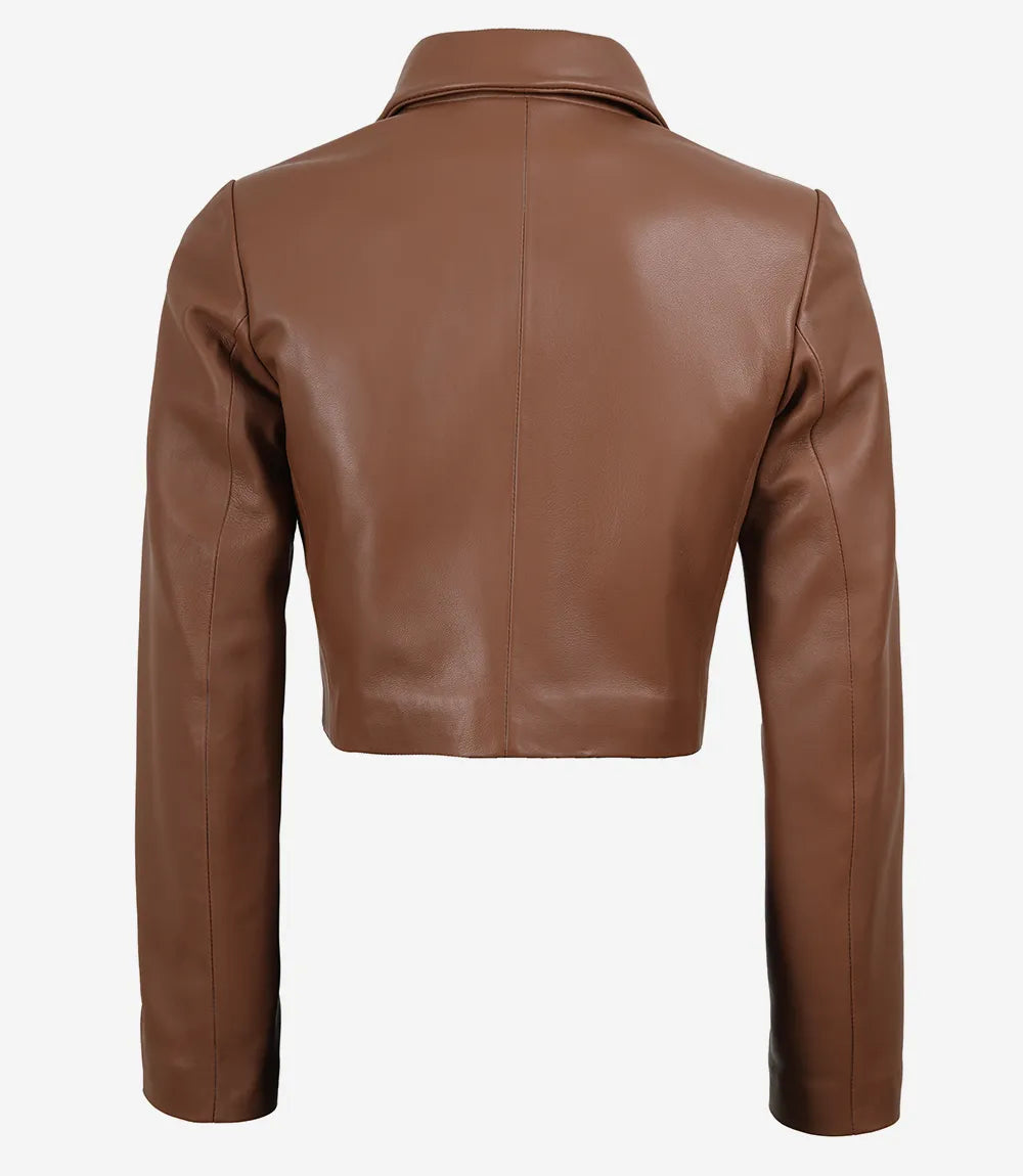 Women's Cognac Leather Single Button Cropped Blazer