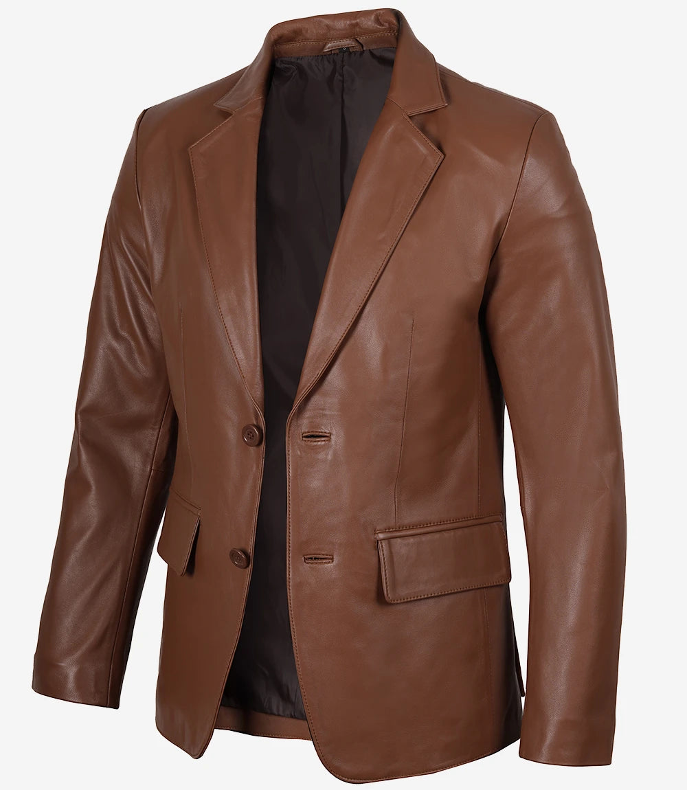 Mens Two Button Cognac Leather Blazer - Notch Lapel