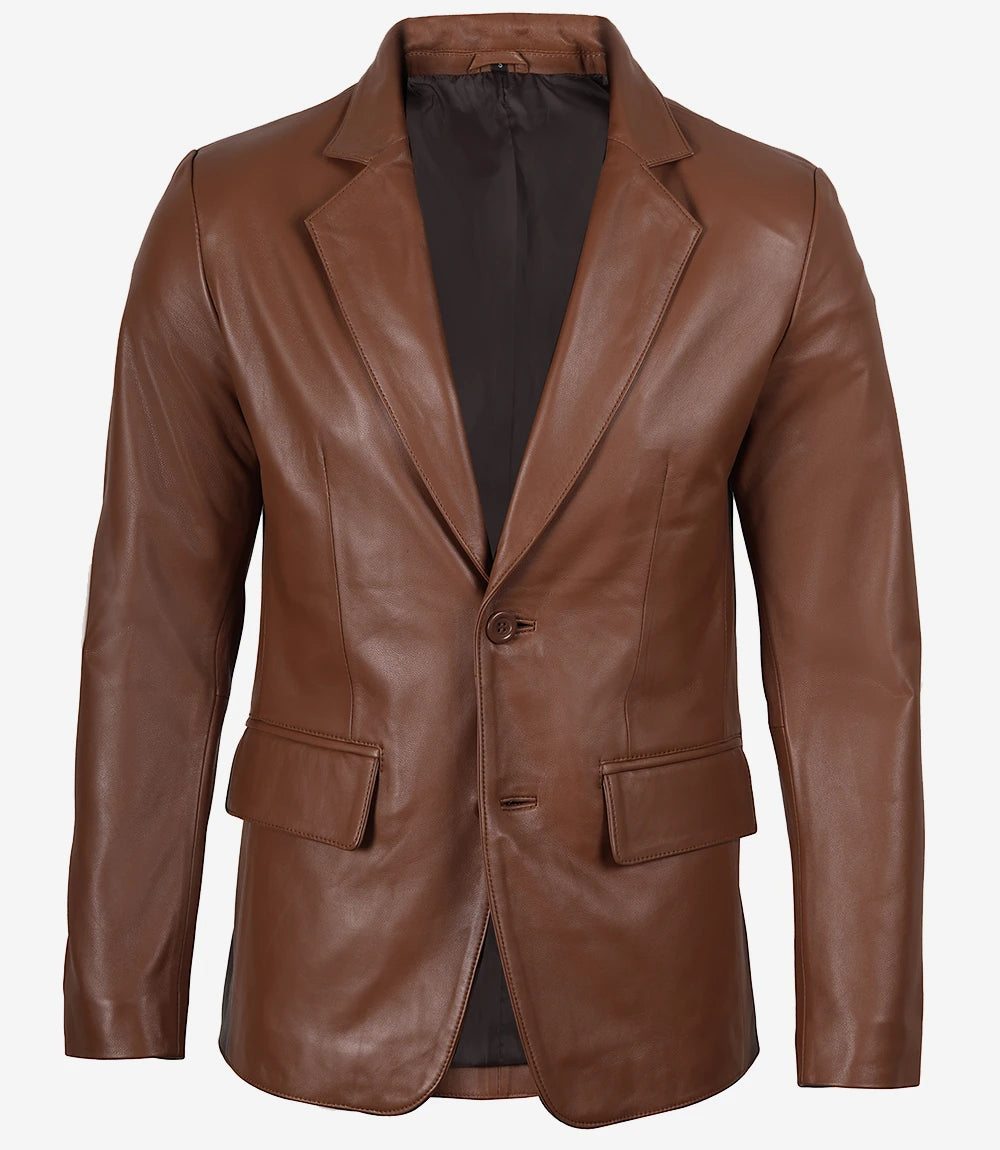 Mens Two Button Cognac Leather Blazer - Notch Lapel