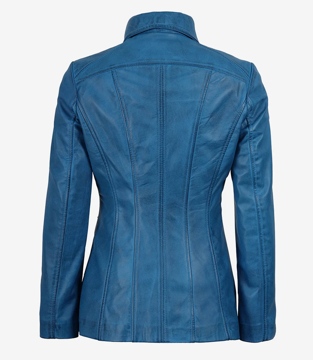 Marsha Women’s Blue Leather Long Jacket – Shirt Collar