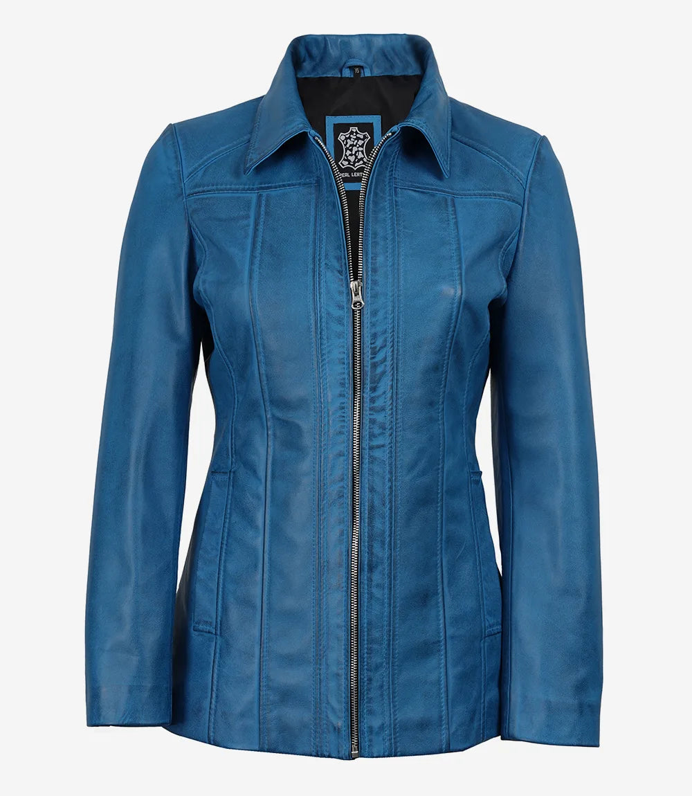 Marsha Women’s Blue Leather Long Jacket – Shirt Collar