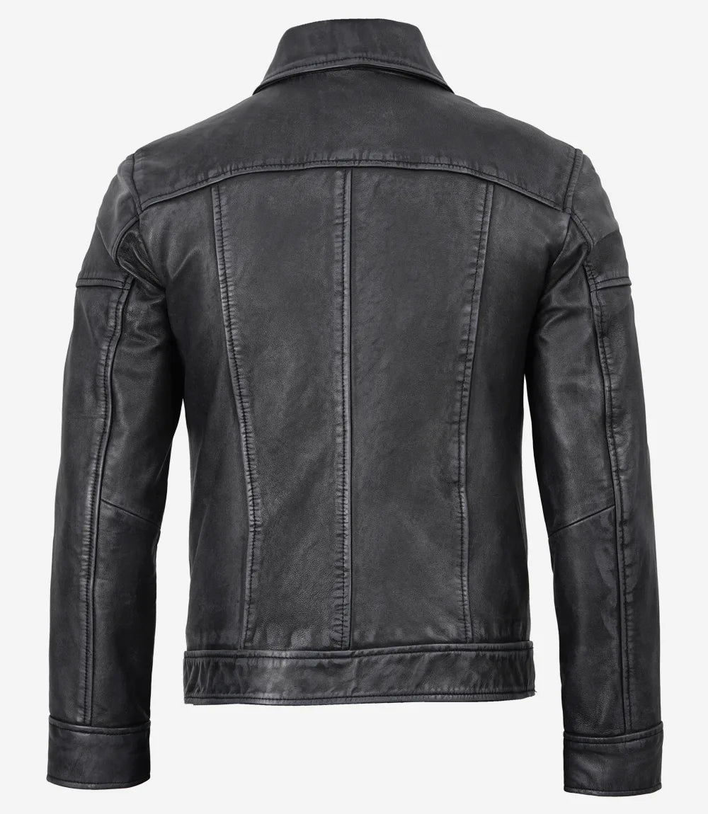 Men's Black Washed Leather Harrington Jacket
