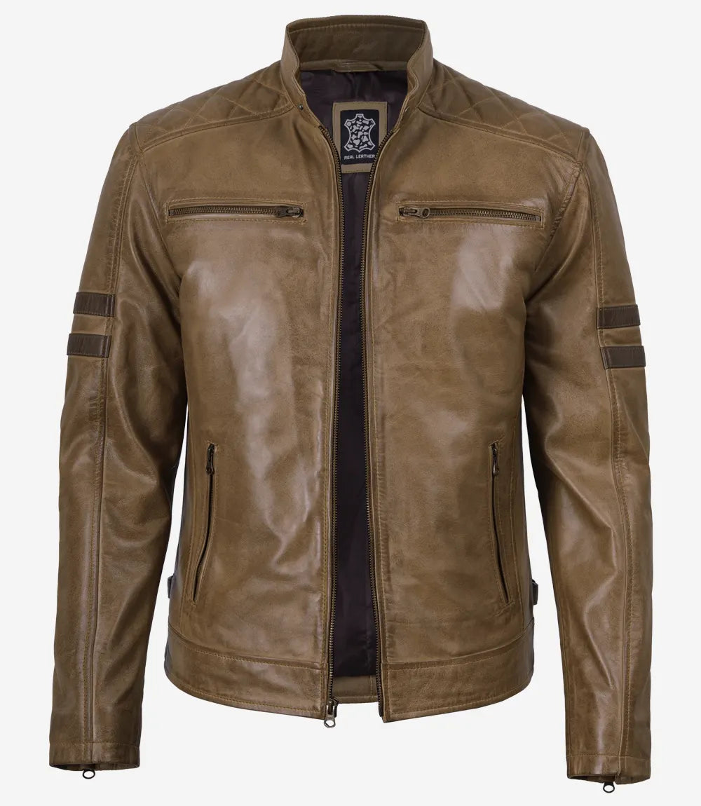 Men's Camel Waxed Leather Biker Style Jacket With Cognac Stripes