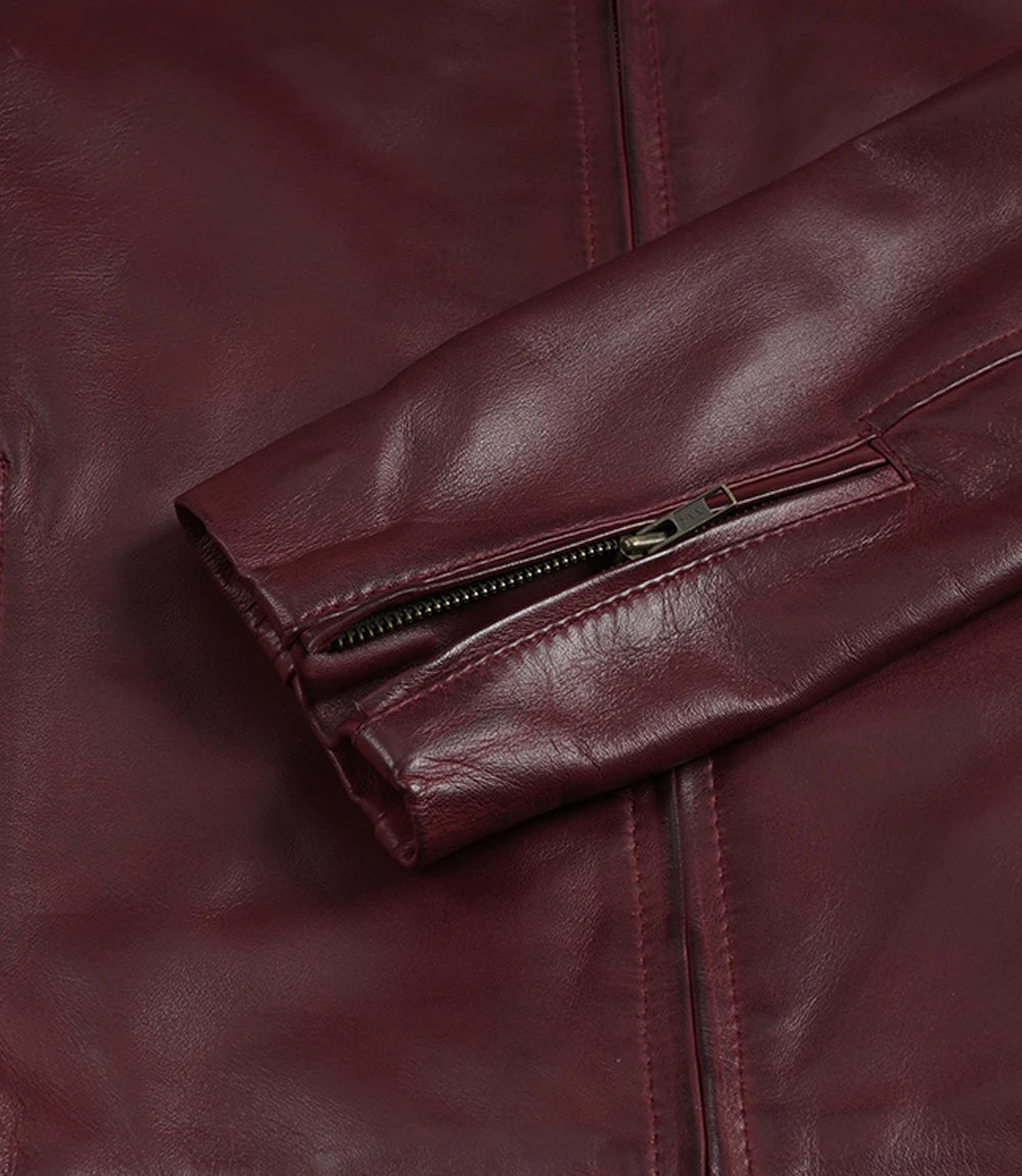 Men's Maroon Waxed Leather Biker Style Jacket