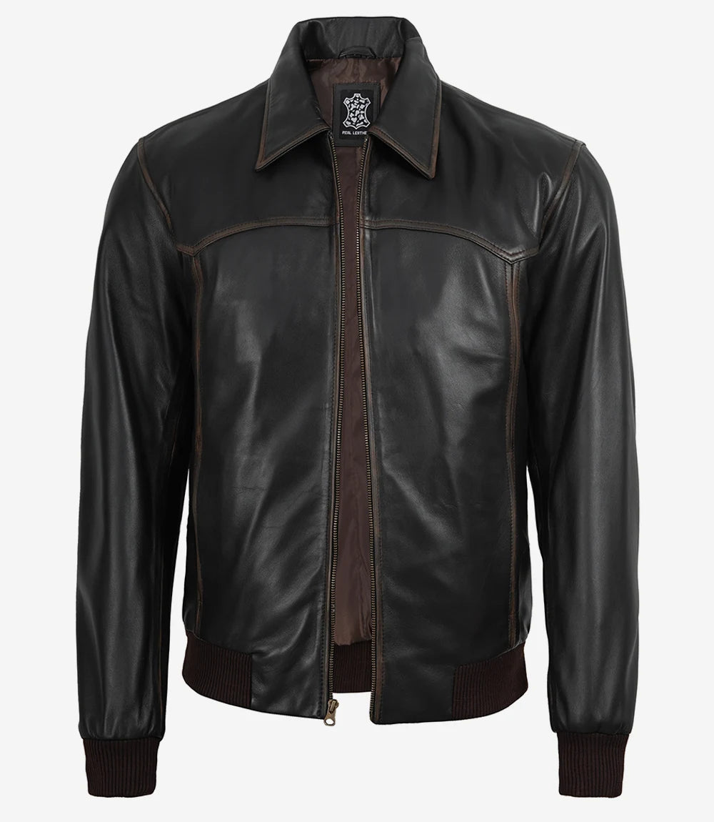 Men's Distressed Brown Leather Bomber Jacket with Shirt Collar