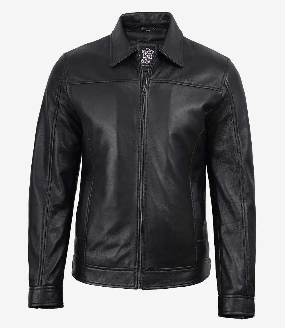 Men's Black Shirt Collar Leather Jacket - Harrington Style - Black - view 4