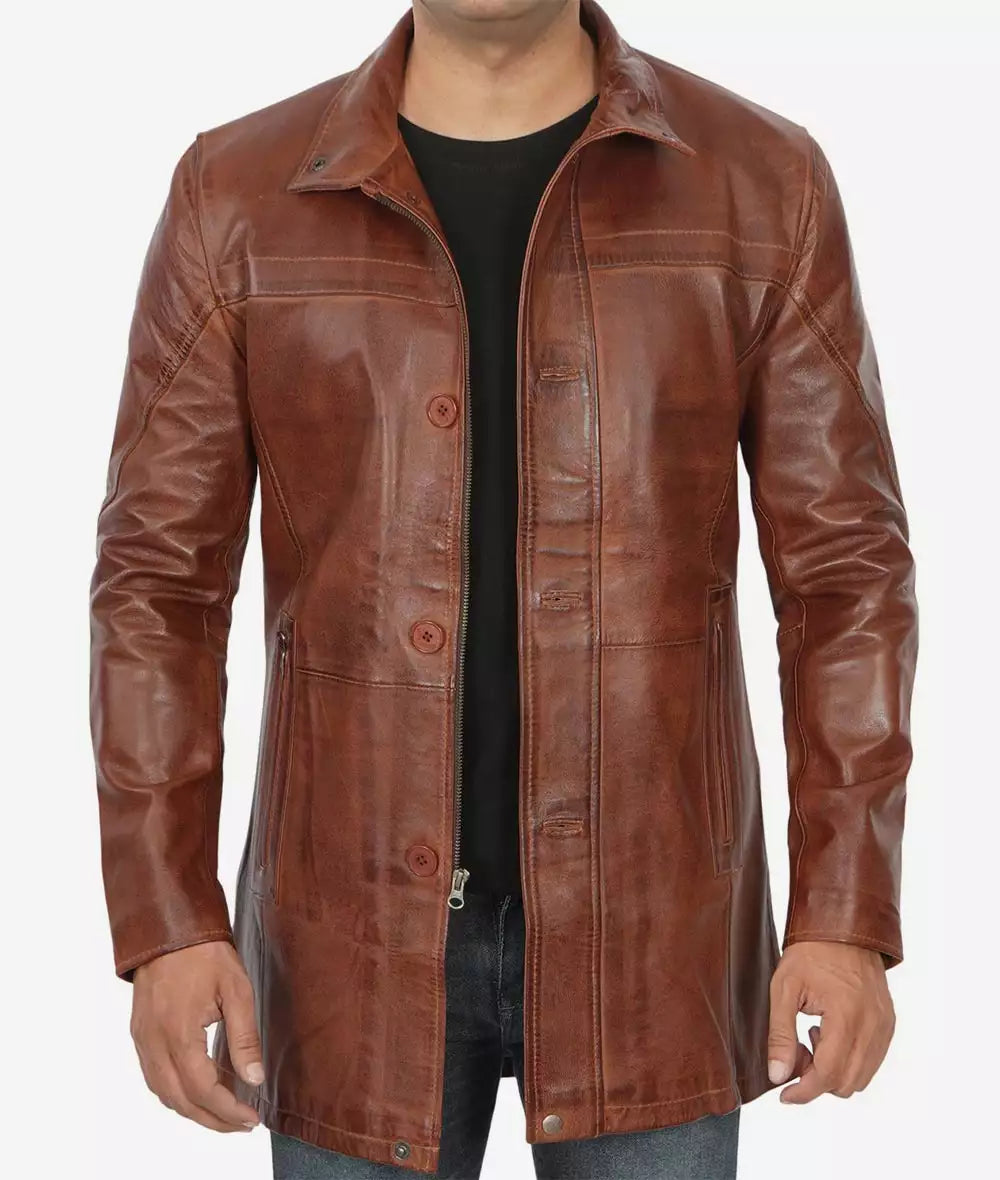 Mens Tall Cognac Waxed Brown Mid Length Leather Car Coat