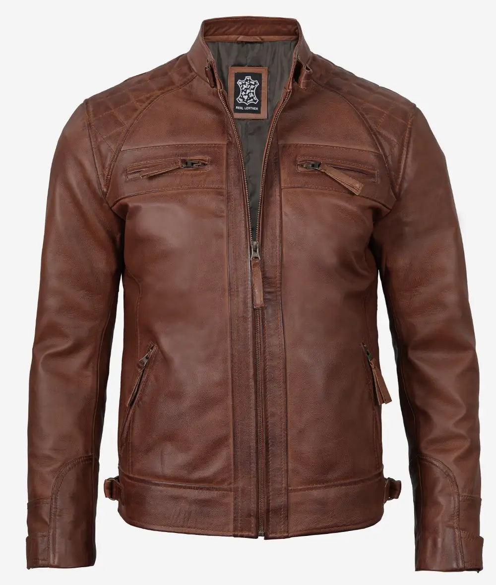 Men's Cognac Brown Quilted Biker Style Leather Jacket