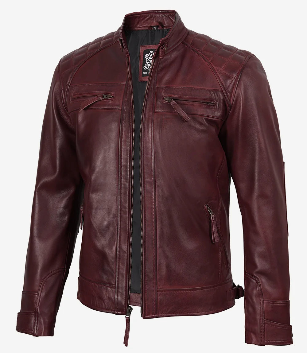 Mens Real Leather Burgundy Biker Jacket - Quilted Shoulder