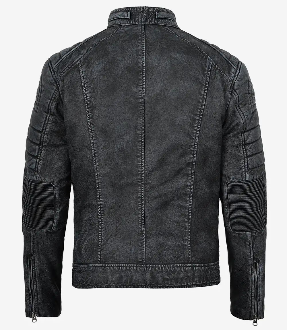 Men's Distressed Washed Black Leather Cafe Racer Jacket