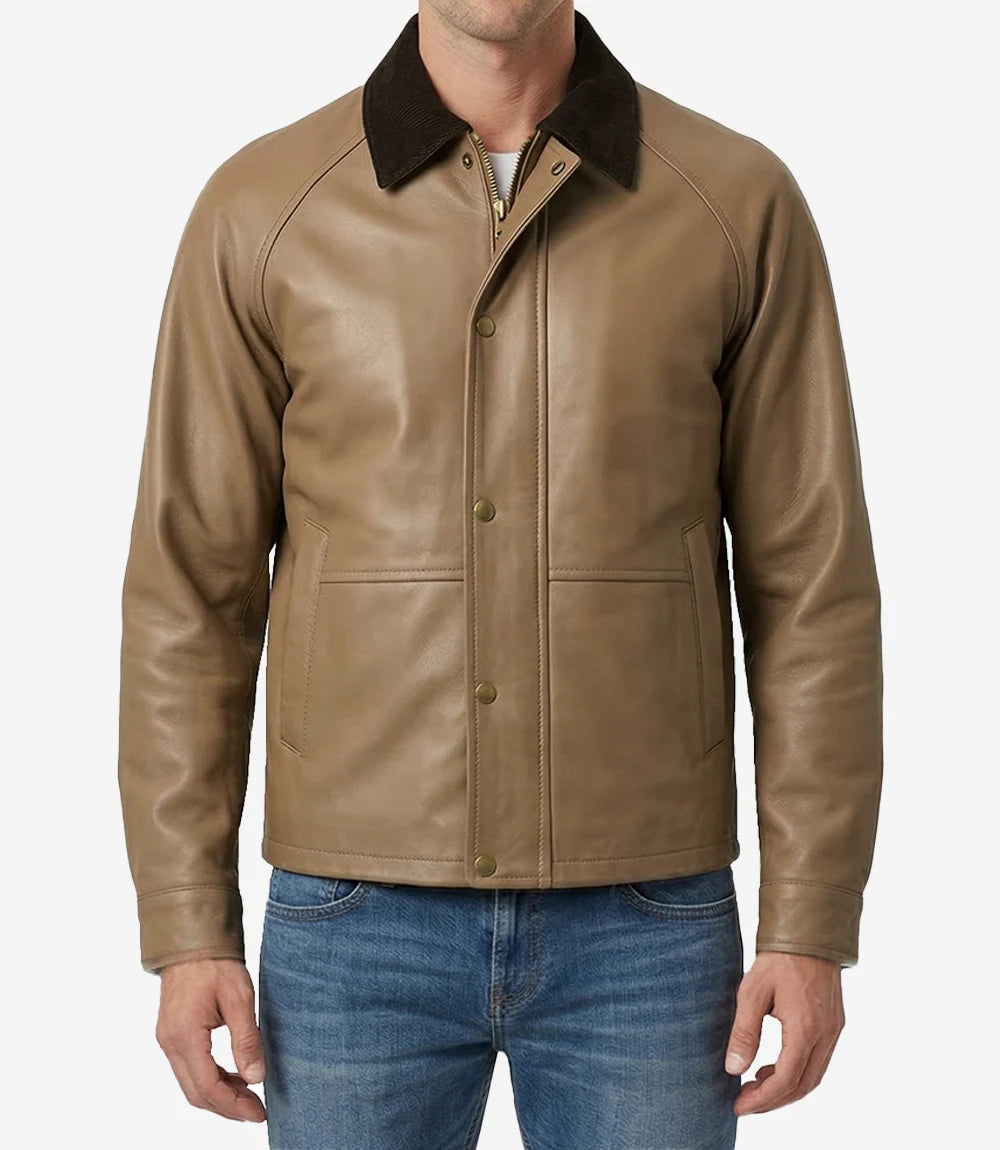 Men's Beige Lambskin Leather Barn Jacket with Raglan Sleeves
