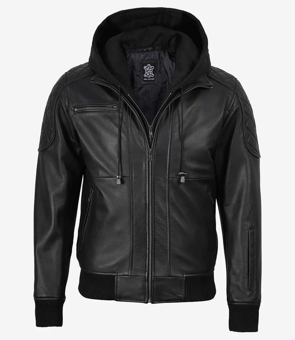 Men's Black Quilted Leather Bomber Jacket with Removable Hood