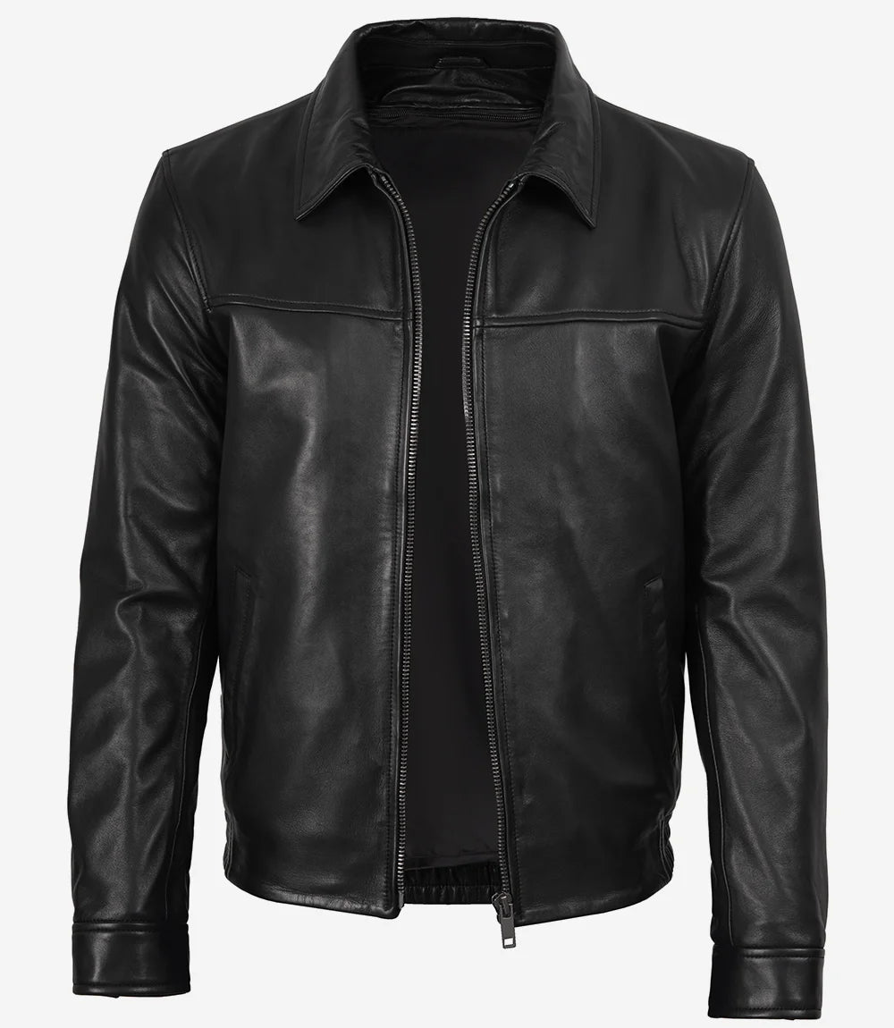 Carlton Men's Black Shirt Collar Bomber Leather Jacket