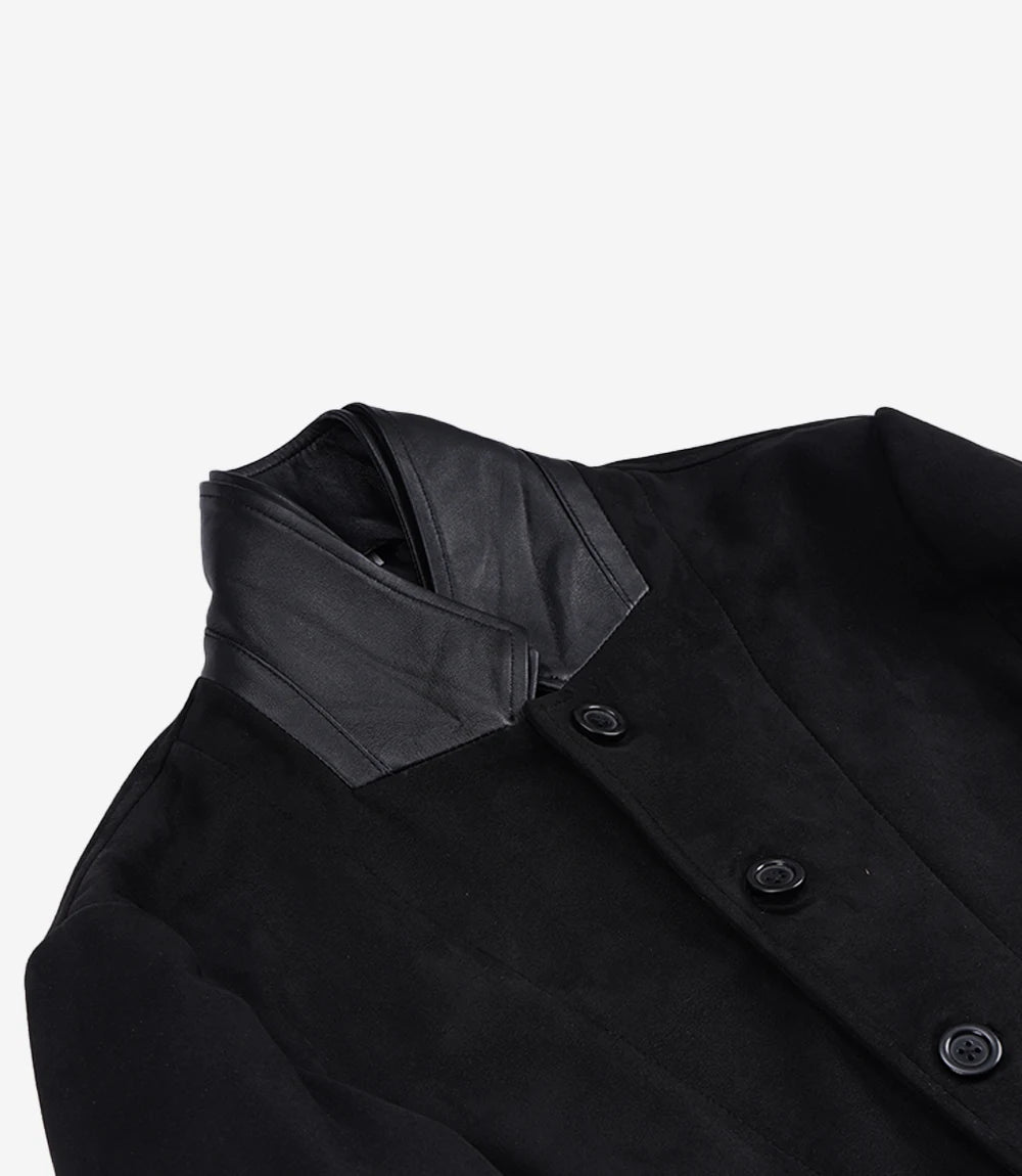 Men's Black Faux Suede Double-Layered Blazer with Leather Placket