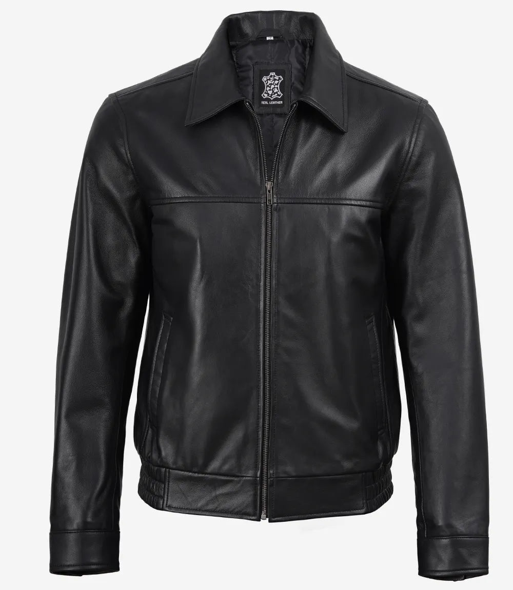 Men's Black Real Lambskin Leather Harrington Bomber Jacket