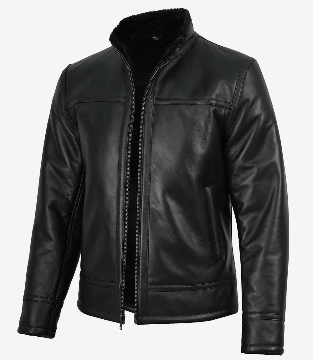 Men’s Black Real Lambskin Leather Jacket with Faux Shearling Lining